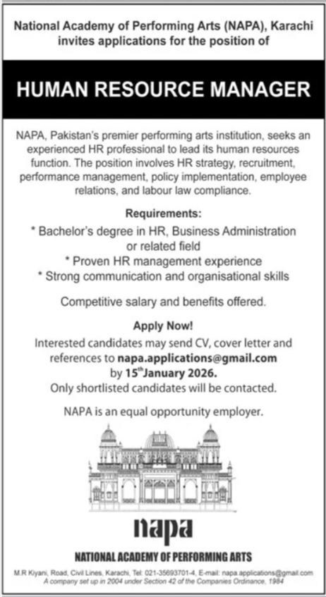 National Academy Of Performing Arts NAPA Karachi Jobs 2026