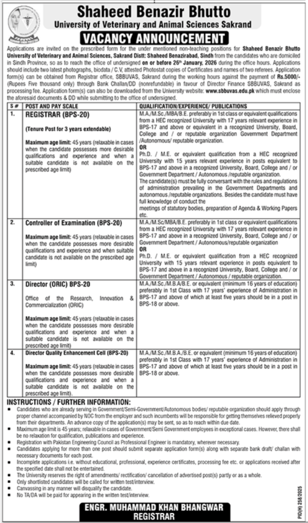 University Of Veterinary Animal Sciences Sakrand Apply Jobs 2025